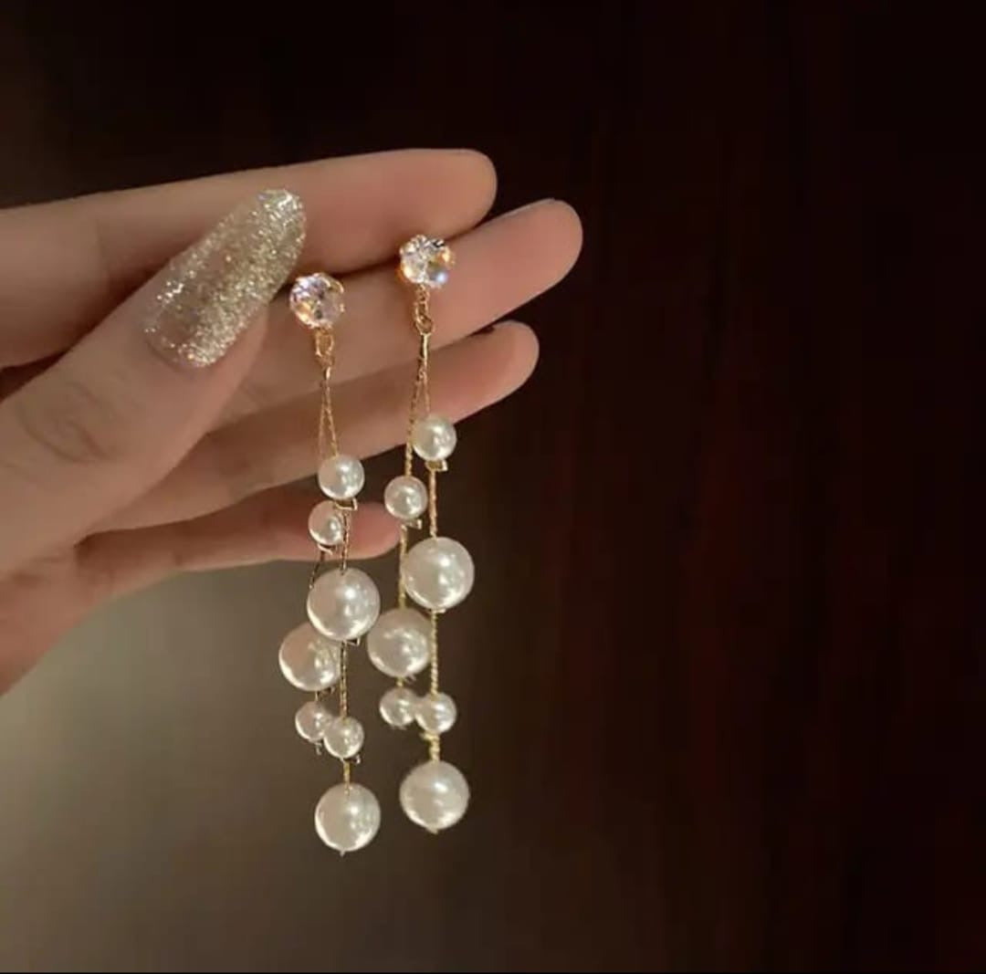 Light weight French pearl drop long earrings