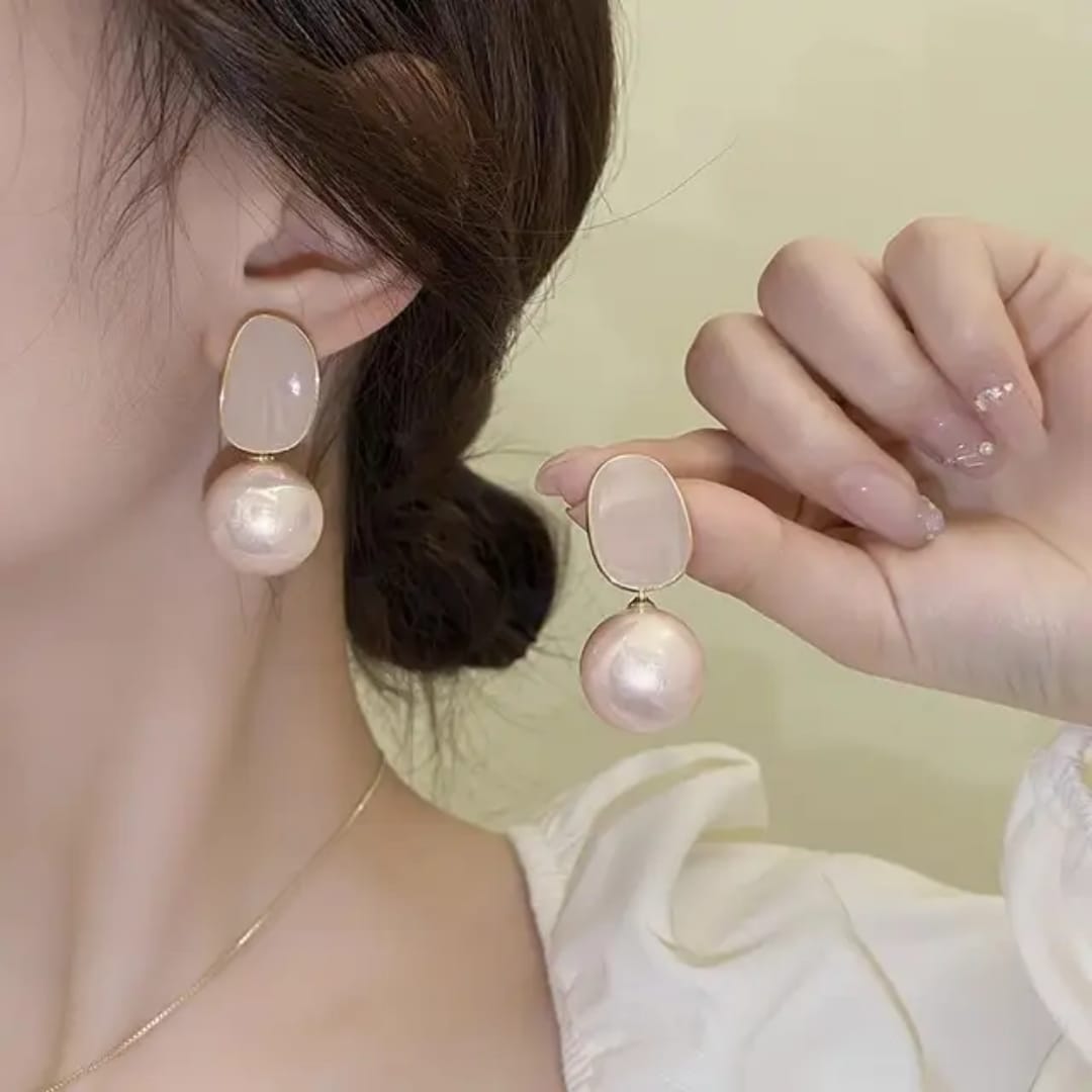 Pink pearl dangler Korean earrings