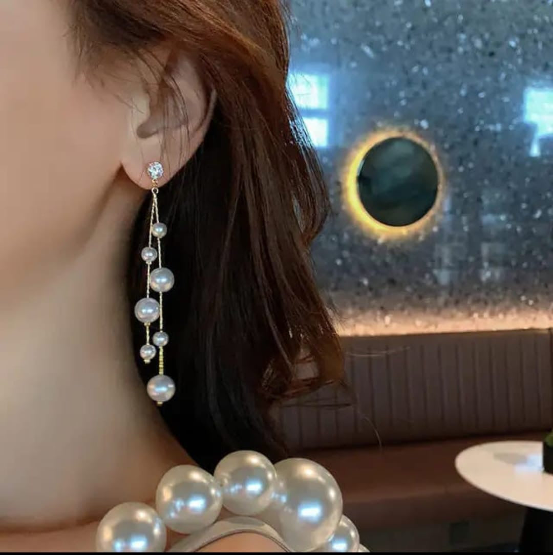Light weight French pearl drop long earrings