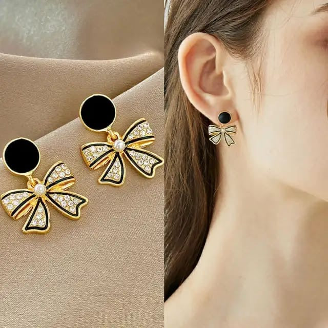 Black stone bow earrings