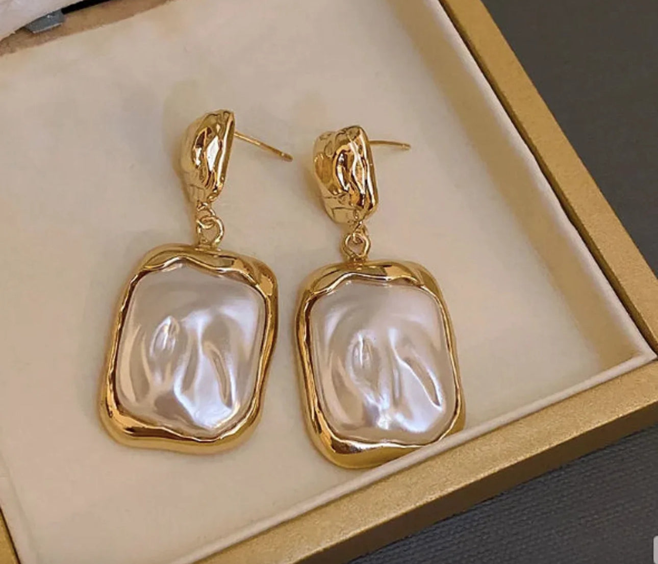Heavy square pearl and gold earrings