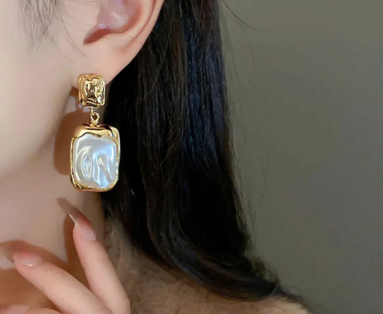 Heavy square pearl and gold earrings