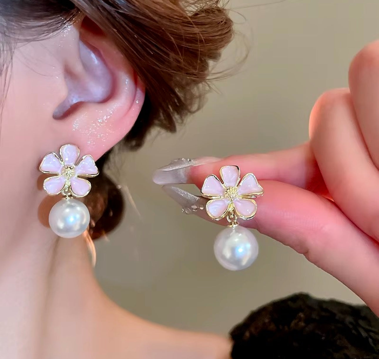 Pink enamel flower with pearl drop dangler earrings