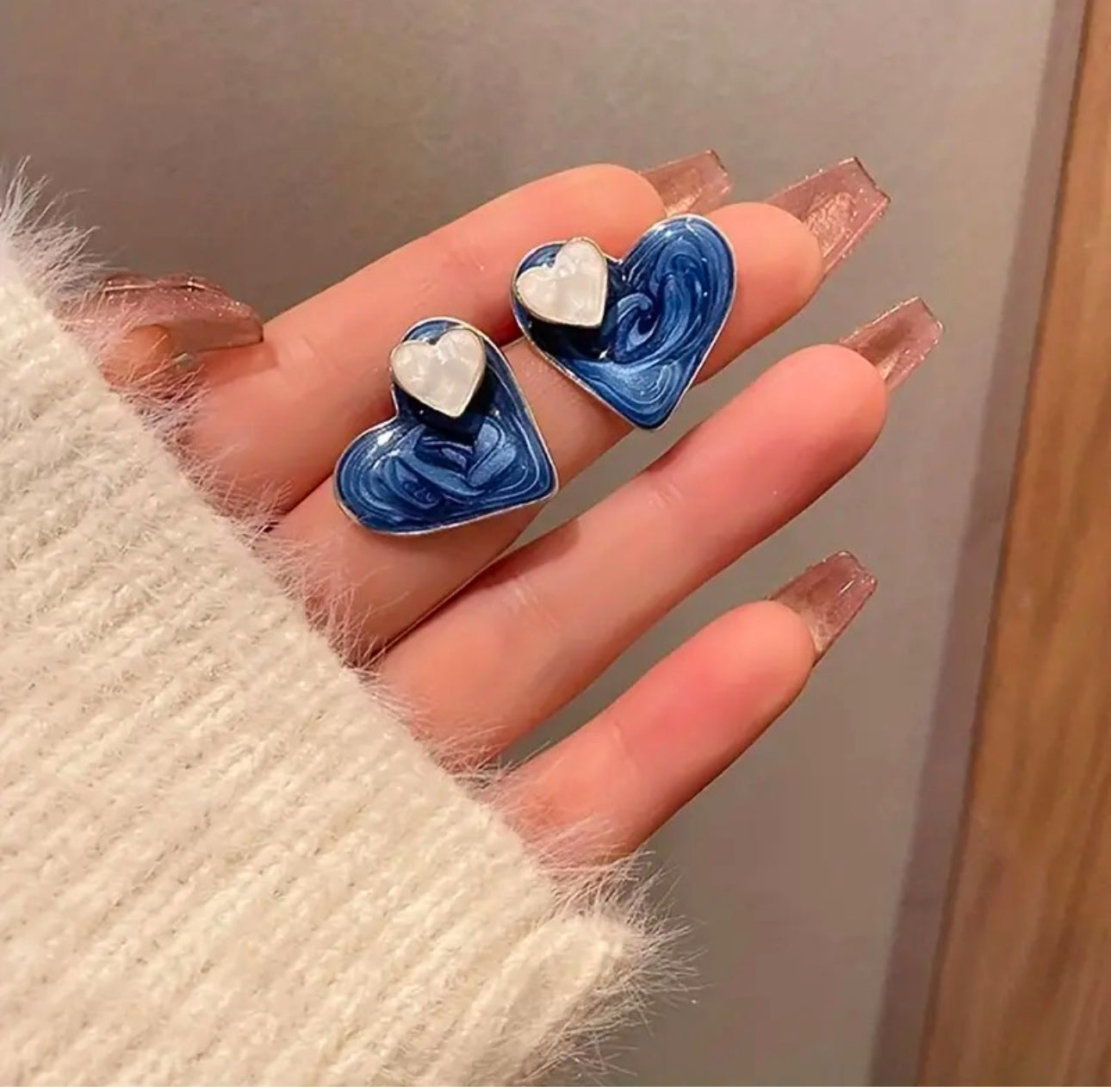 Enamel blue and white heart stud earrings