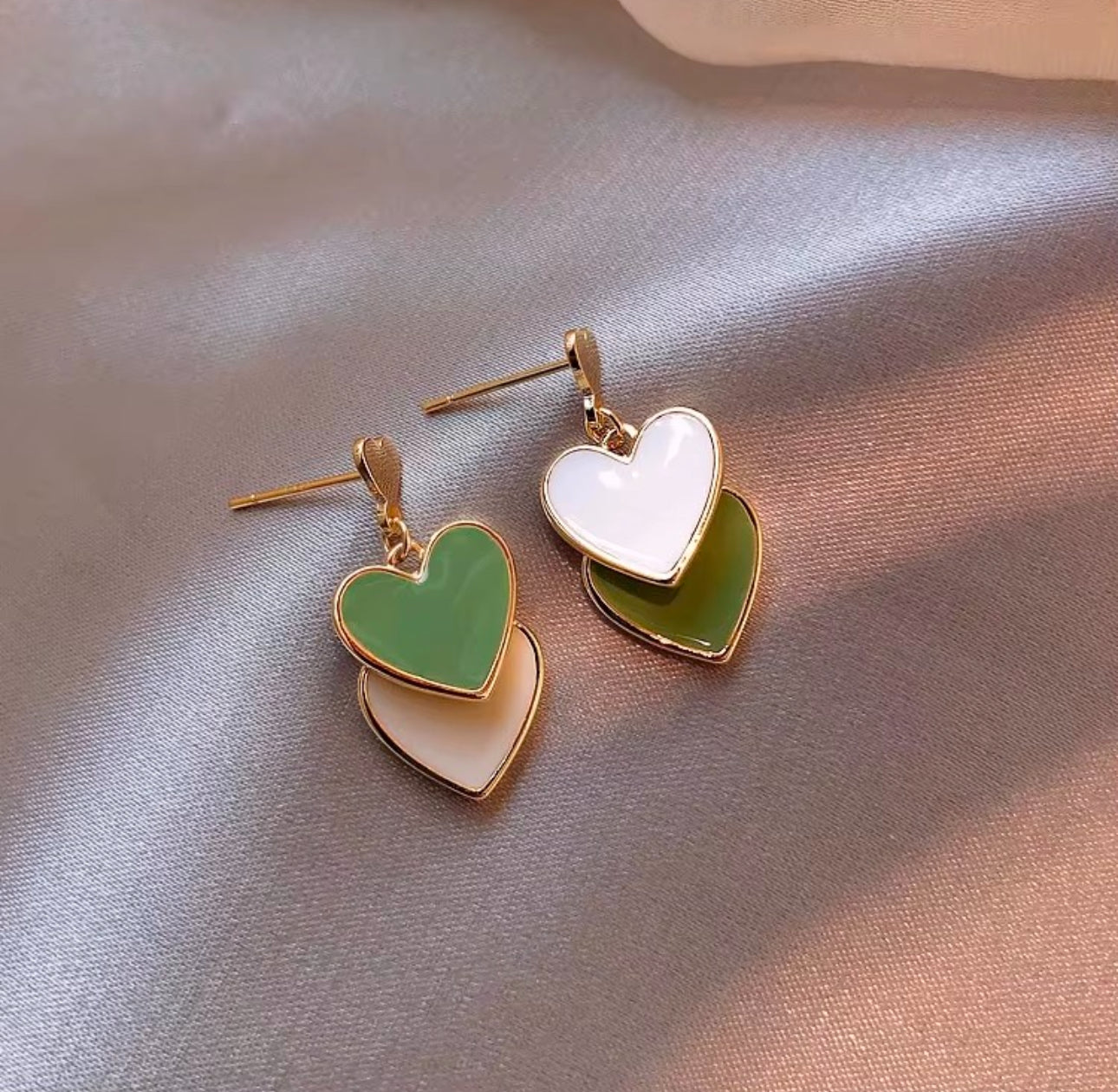 Double heart enamel green tone earrings