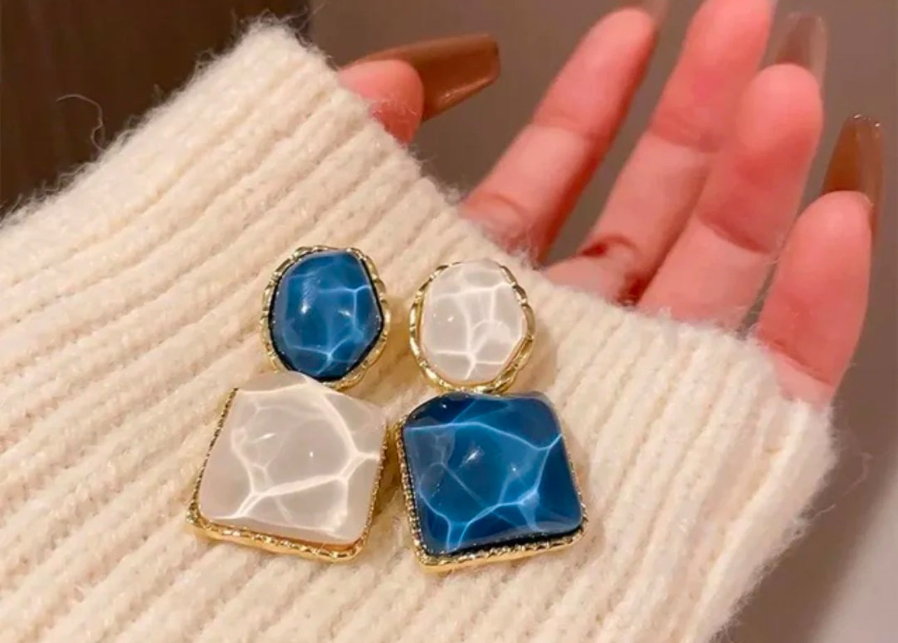 Blue and white stone dangler earrings