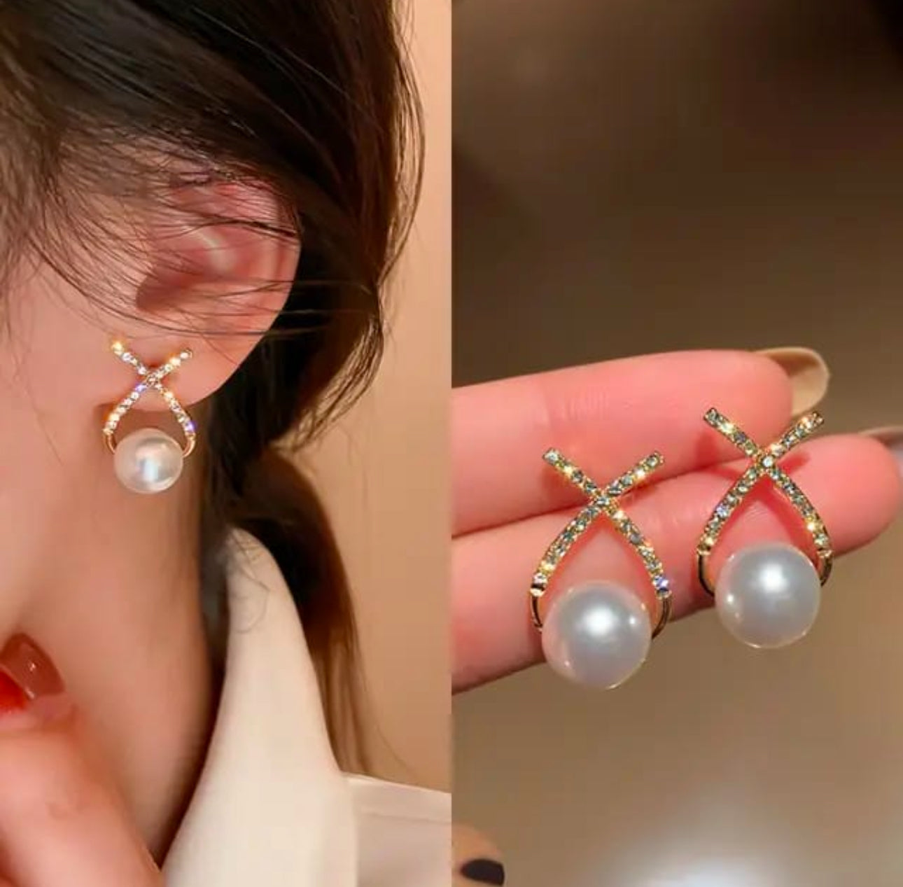 Trendy Korean earrings with pearl studs