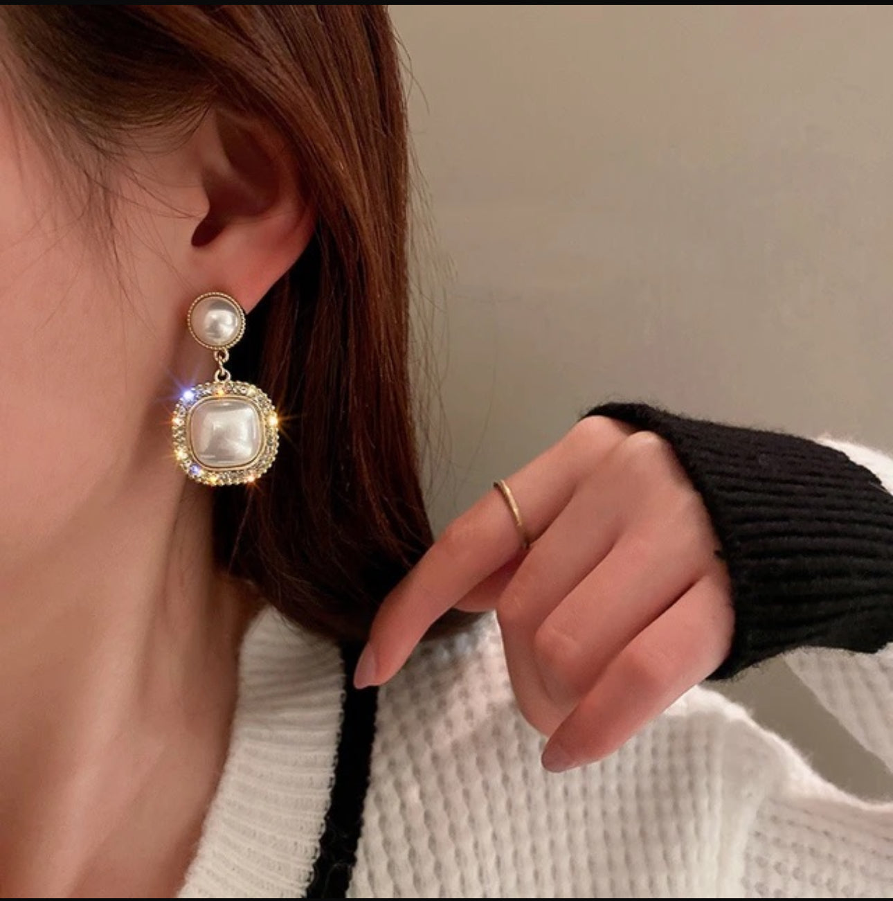 pearl drop square dangler Korean earrings