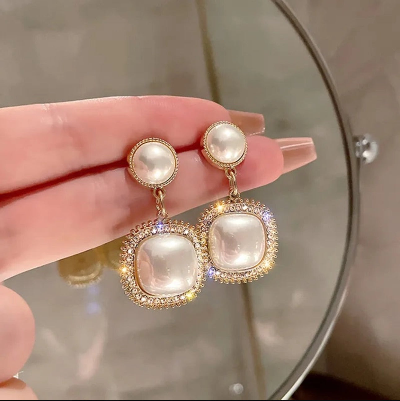 pearl drop square dangler Korean earrings