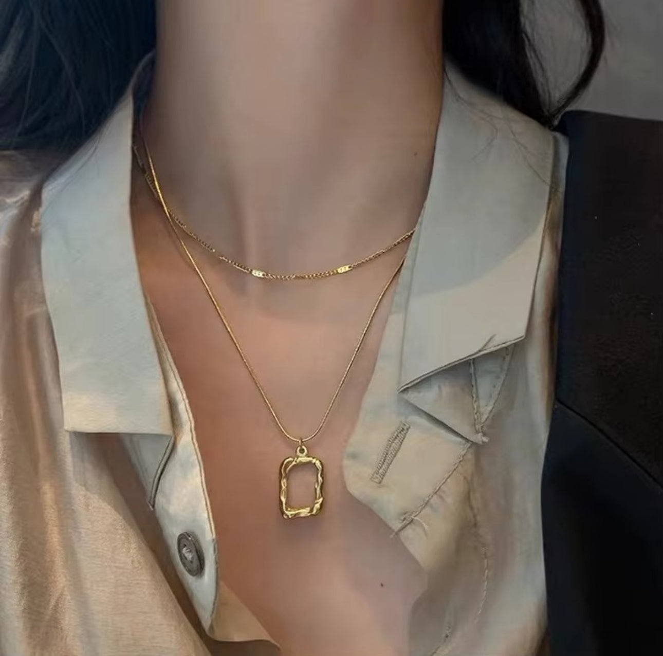 Hollow square double layered anti tarnish necklace