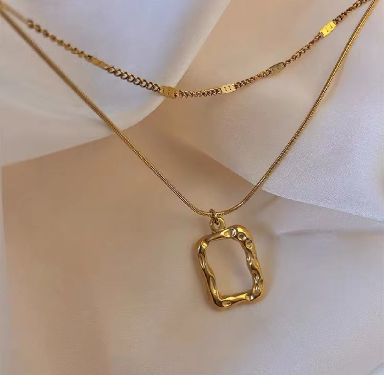 Hollow square double layered anti tarnish necklace