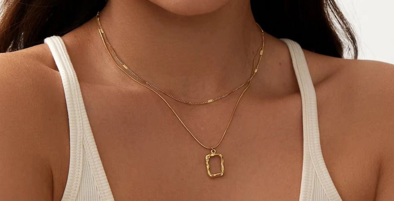 Hollow square double layered anti tarnish necklace