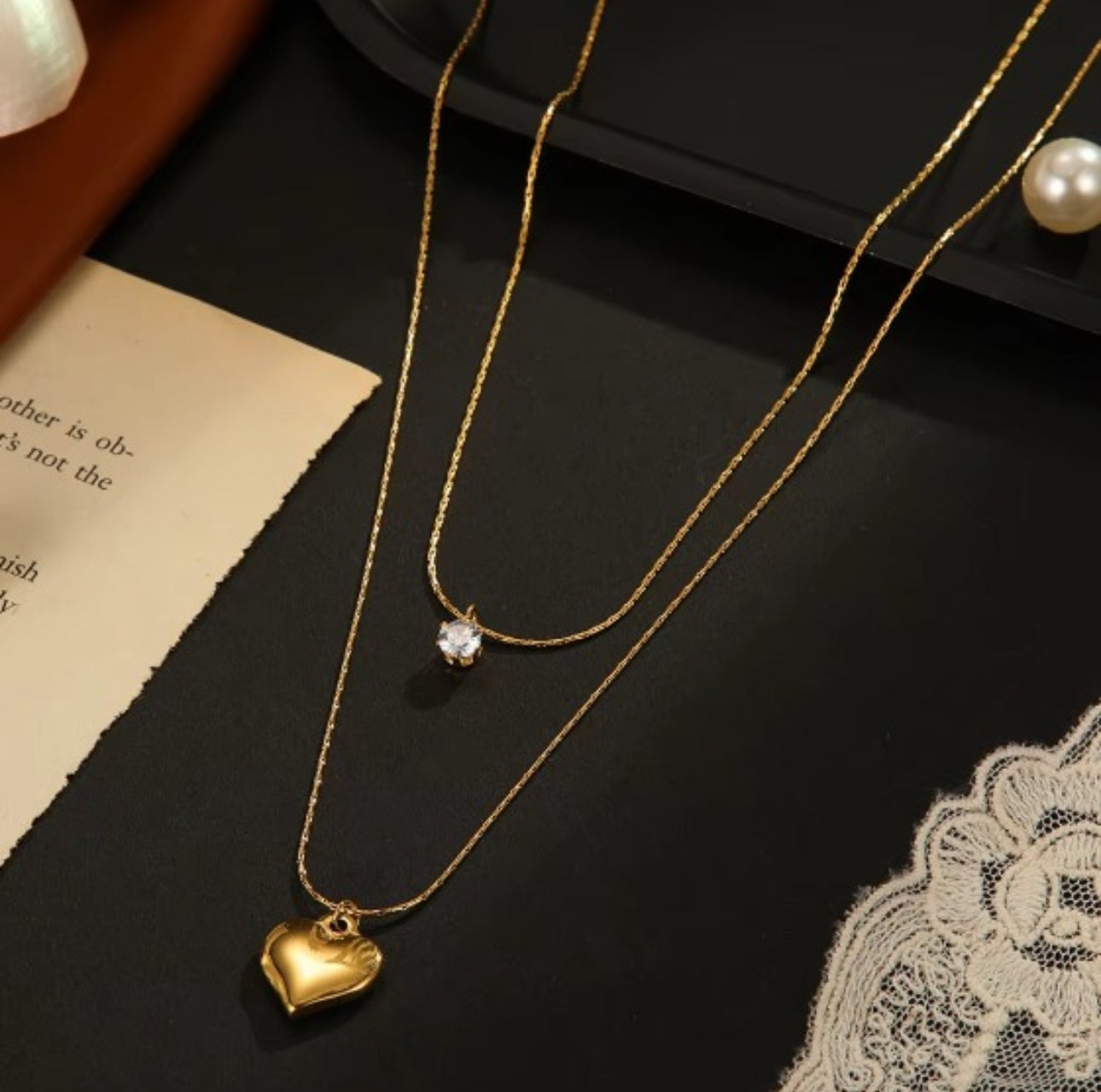 Crystal heart double layered necklace
