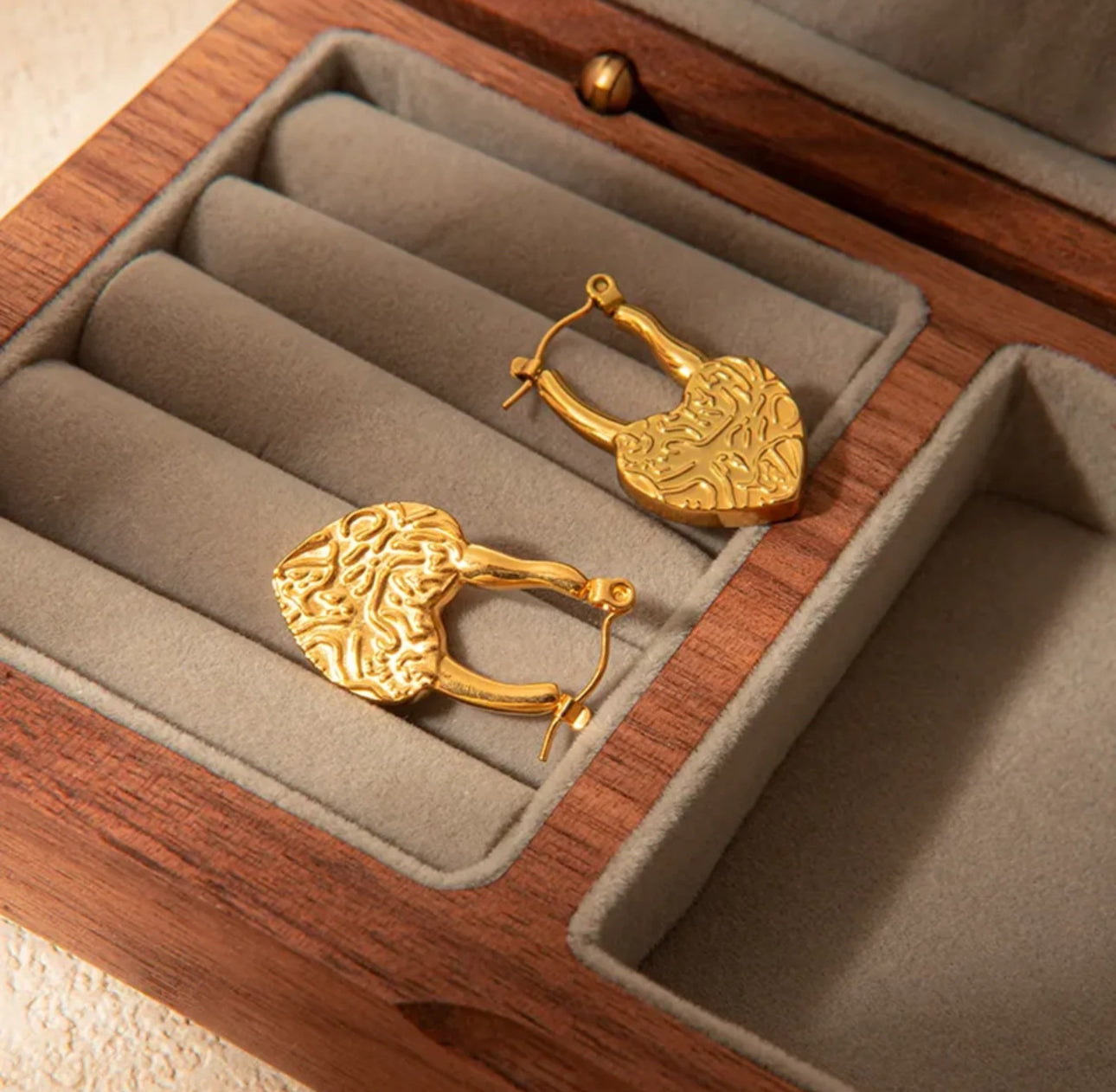 Textured heart lock anti tarnish earrings
