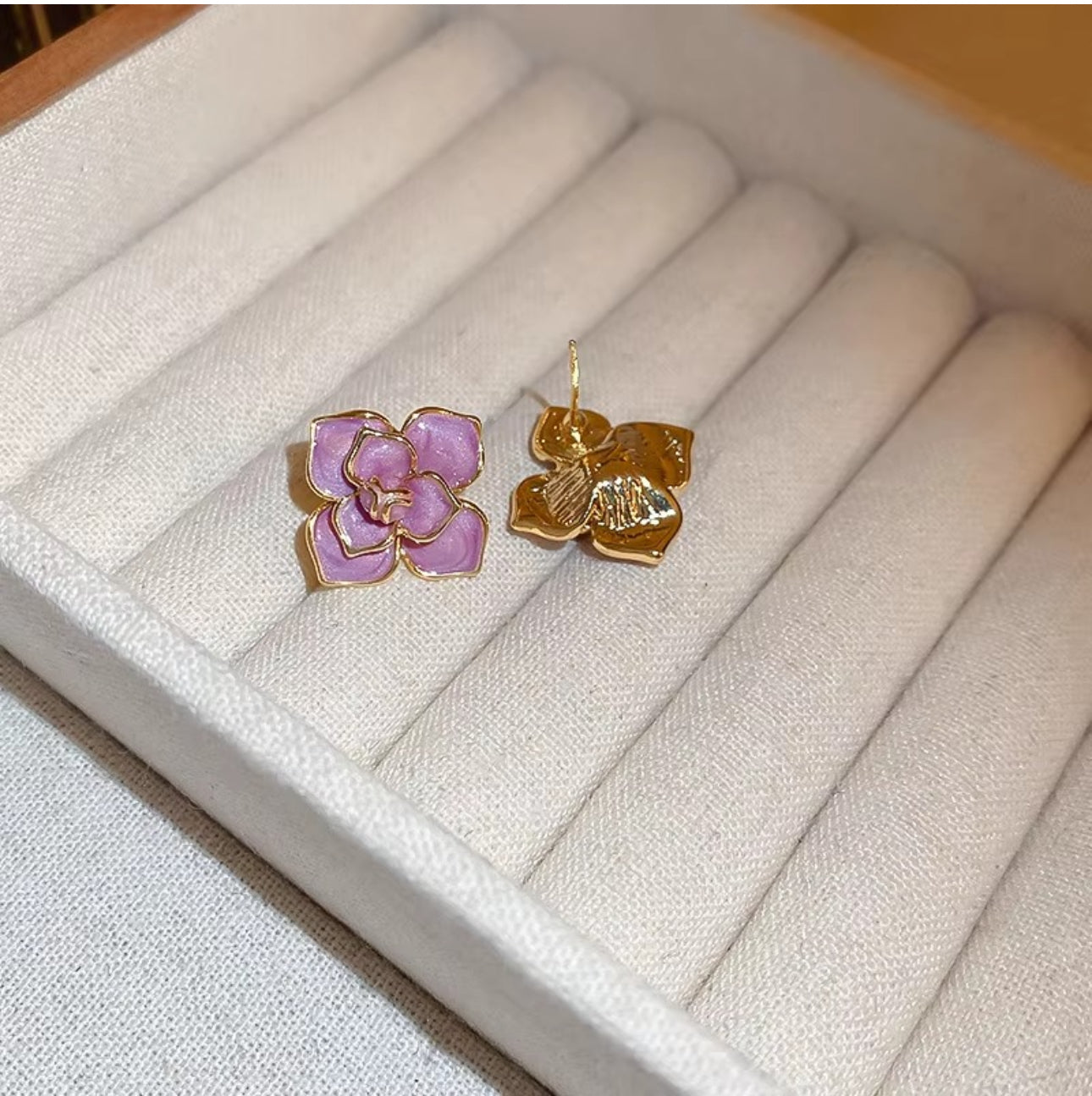 Purple flower drop oil stud earrings