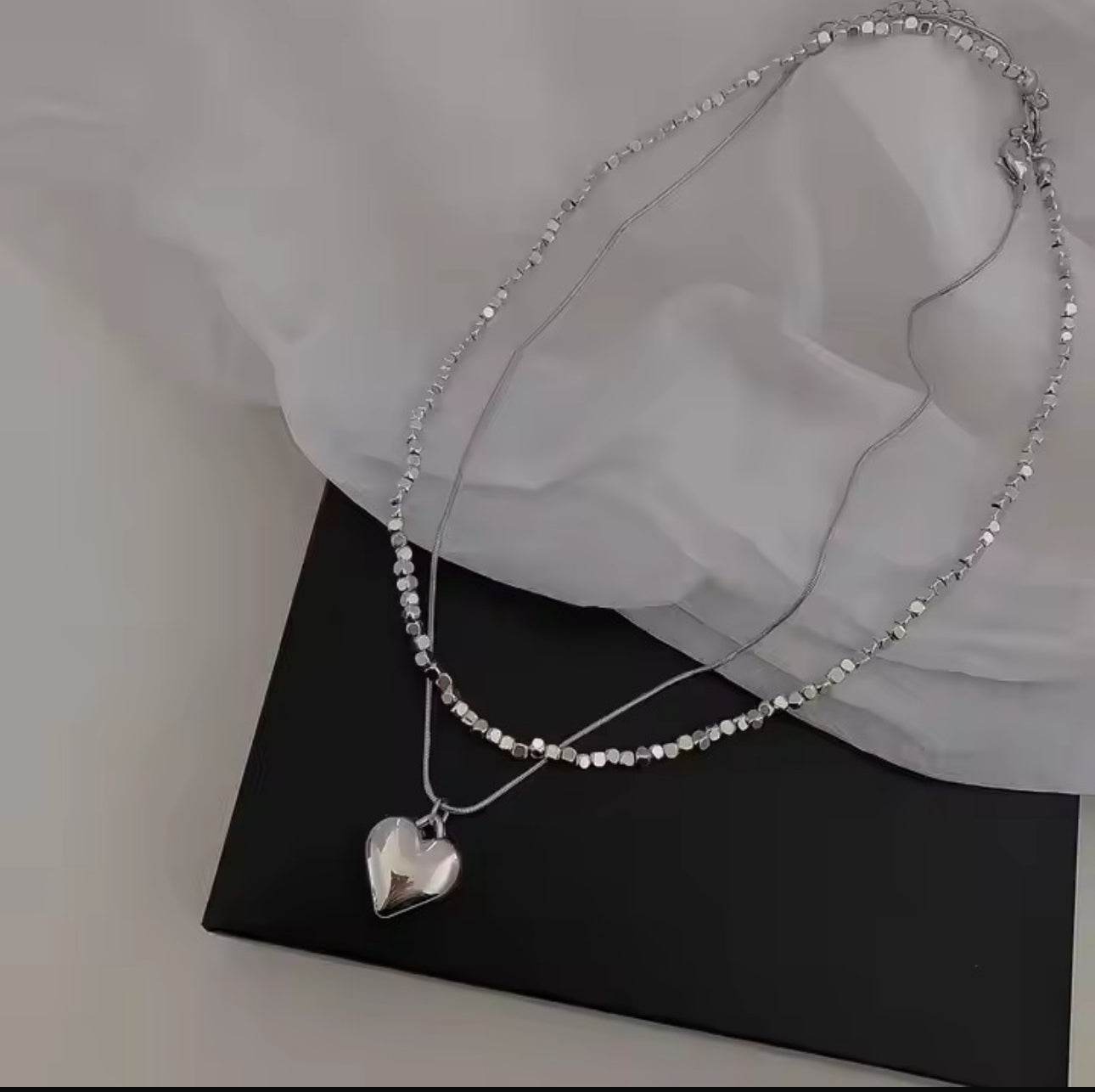 Double layer silver geometric beads & heart drop necklace
