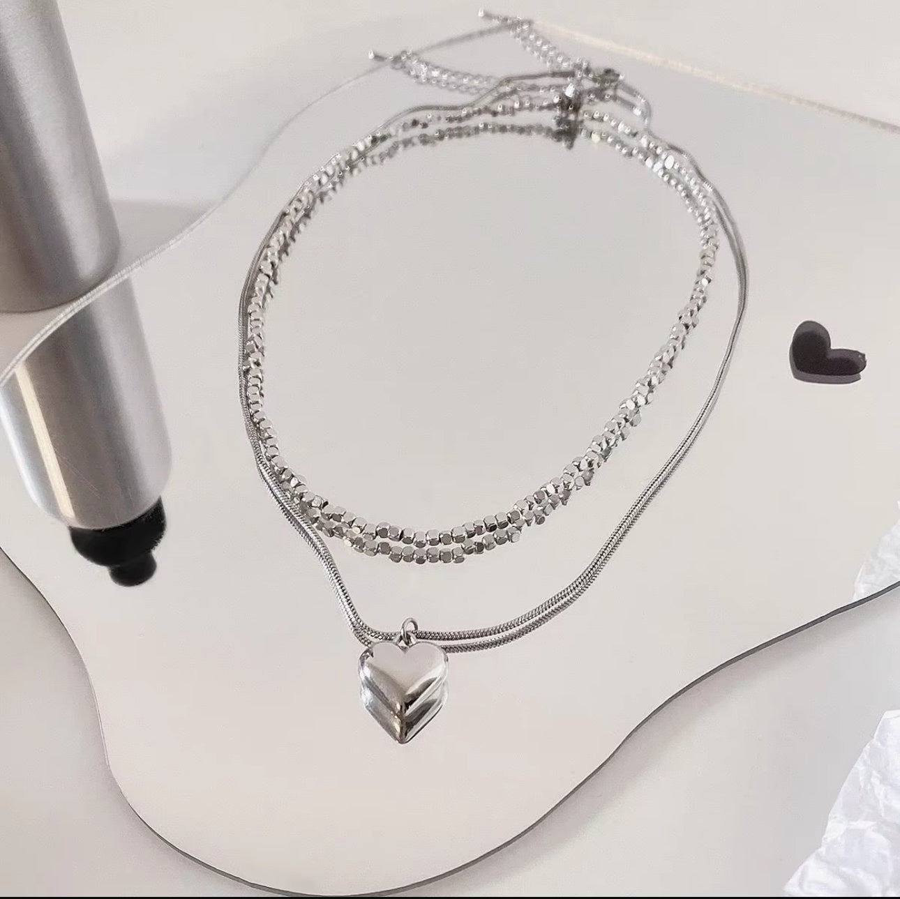 Double layer silver geometric beads & heart drop necklace