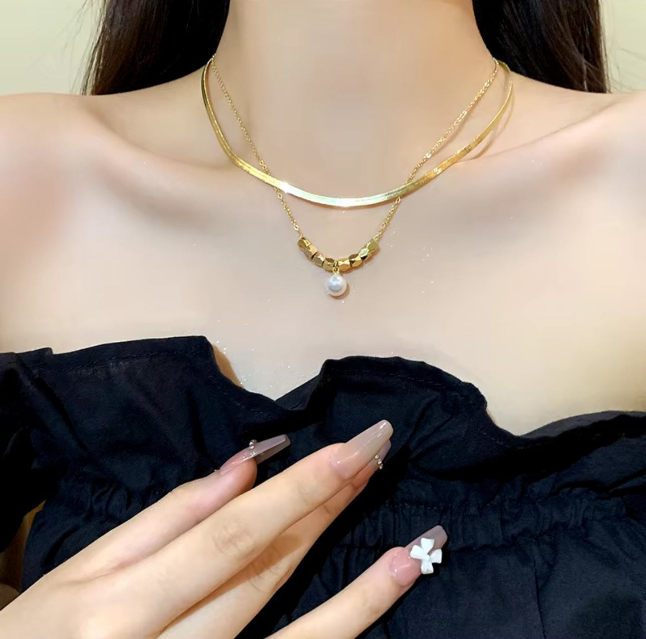 Double layer pearl and beads necklace set