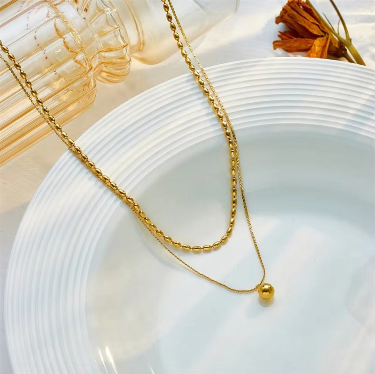 Double layer emerald ball pendant necklace