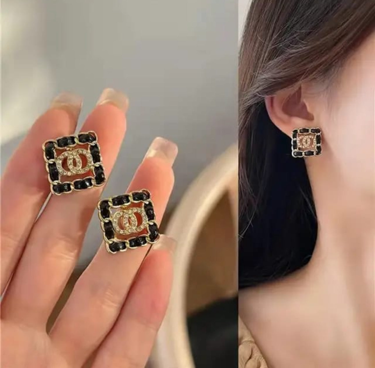 Black geometric square korean studs