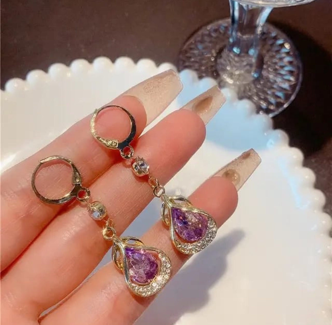 Trendy purple Korean pearl dangle earrings