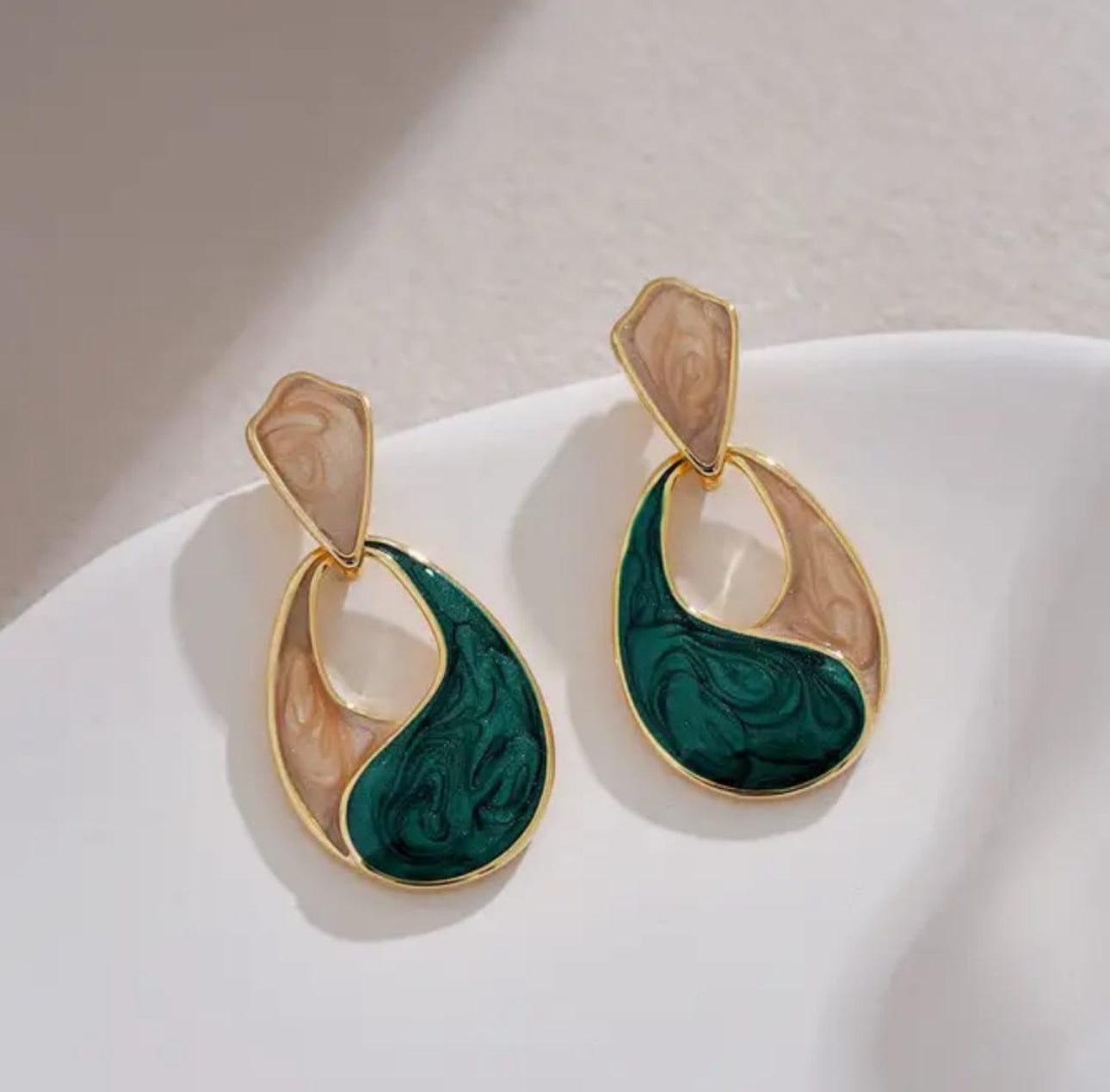 Green enamelled oil painted dangler Korean earrings