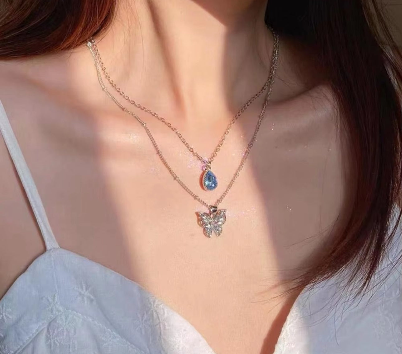 Blue double layered silver chain