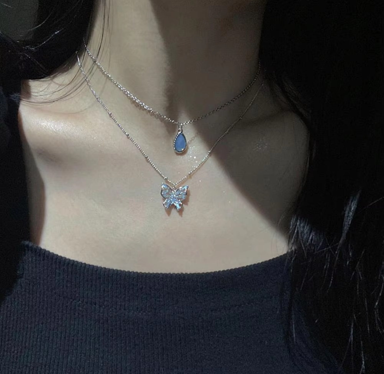 Blue double layered silver chain