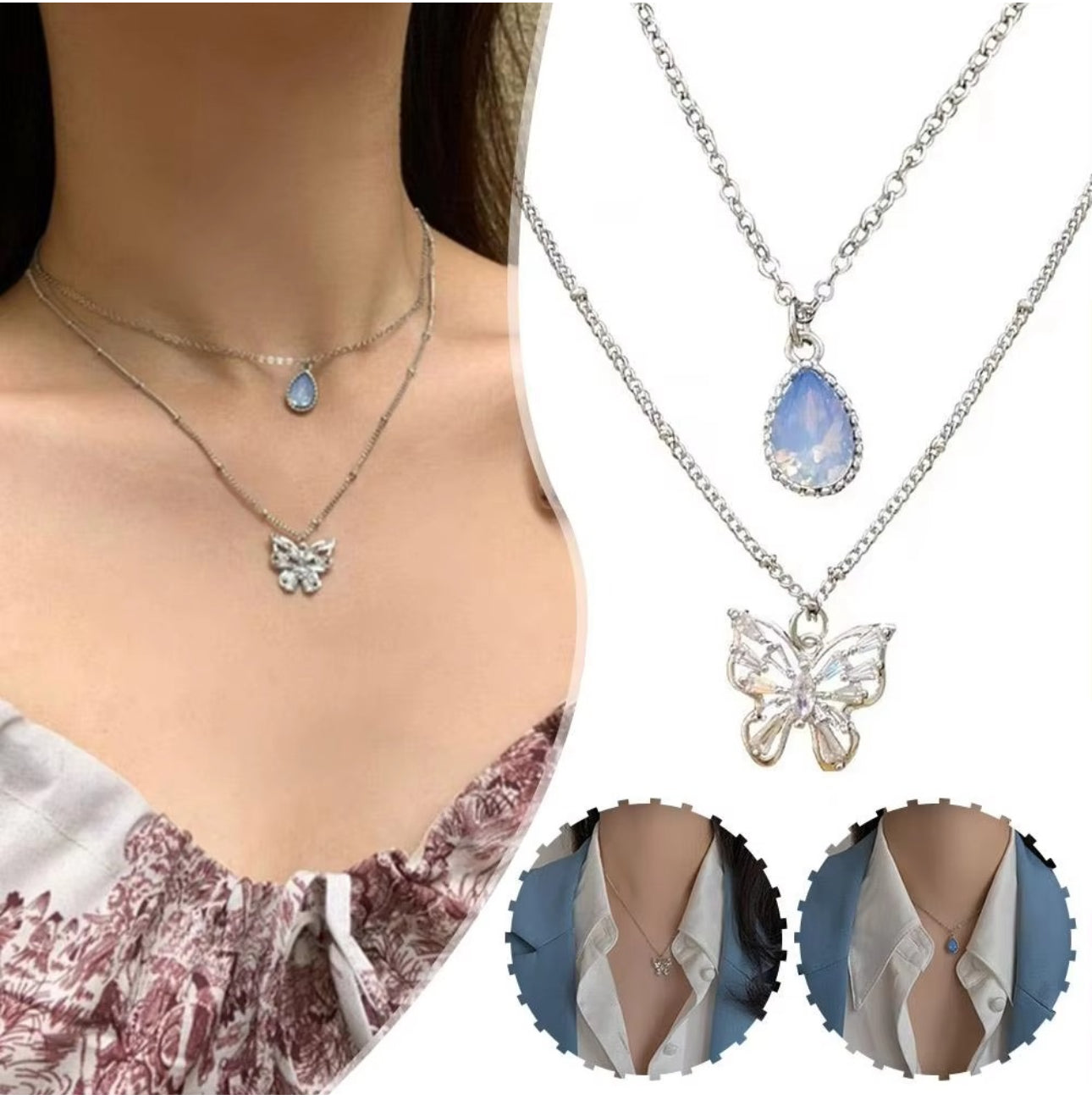 Blue double layered silver chain