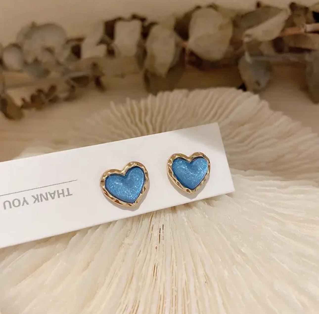 Blue enamel heart stud earrings