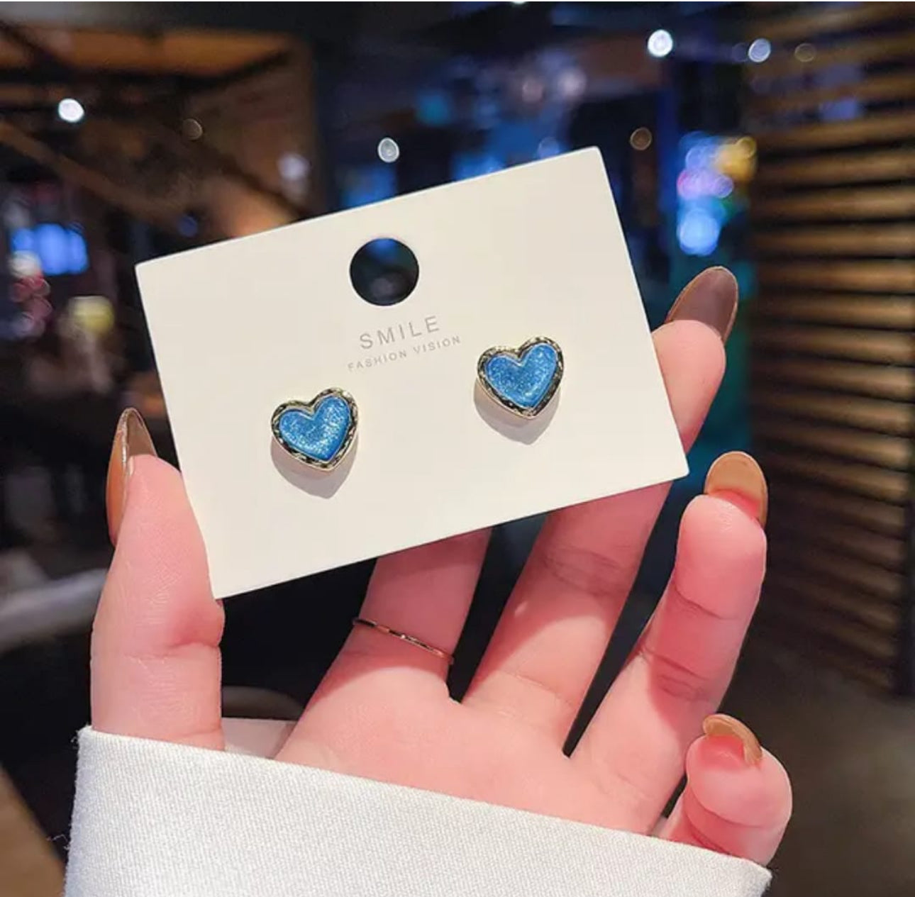 Blue enamel heart stud earrings