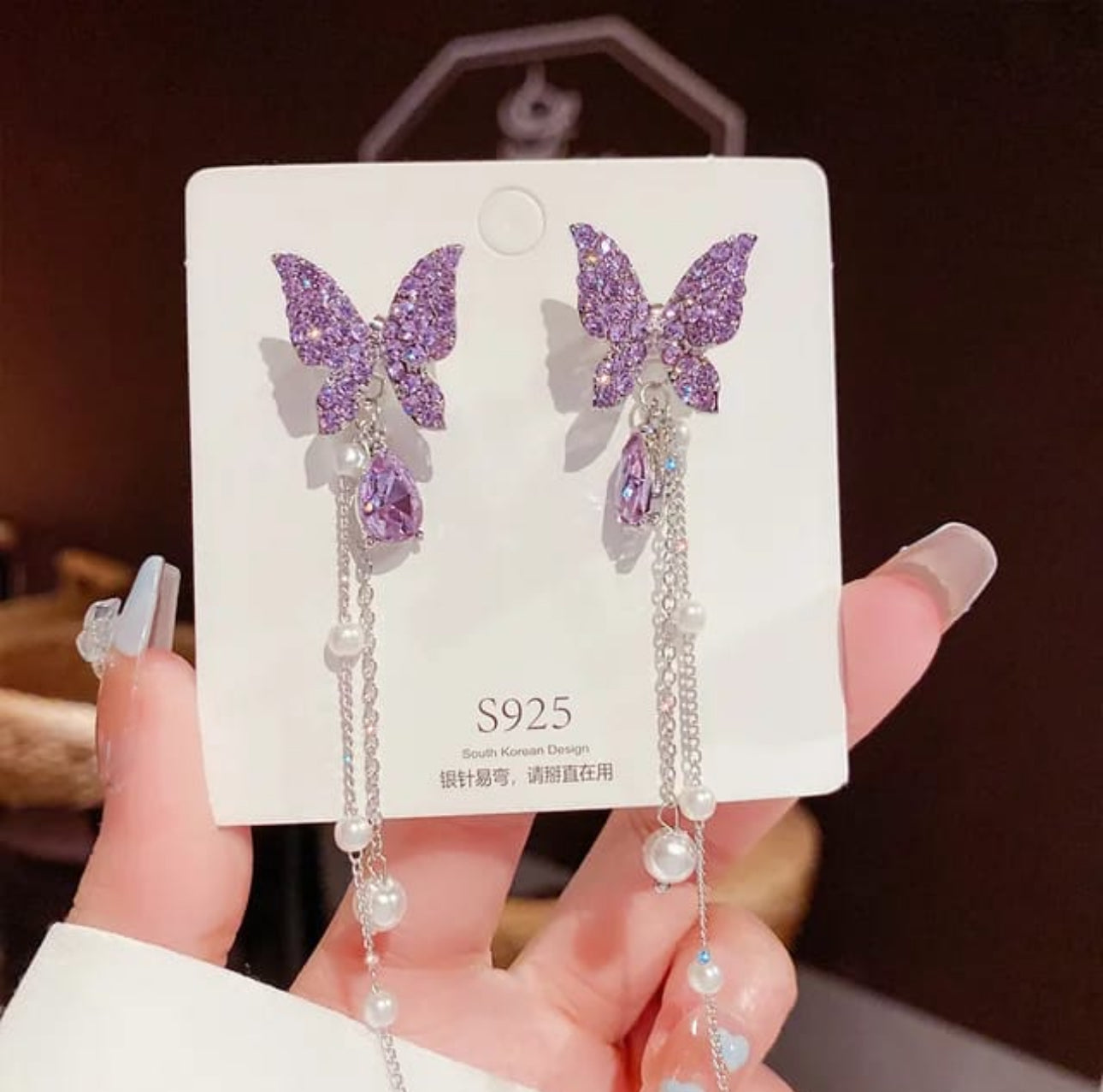 Trendy purple butterfly Korean pearl dangler