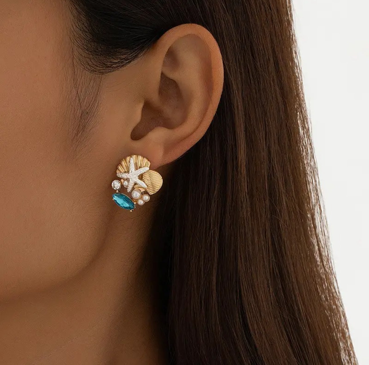 . Amazing metal gold plated starfish shell pearl earrings