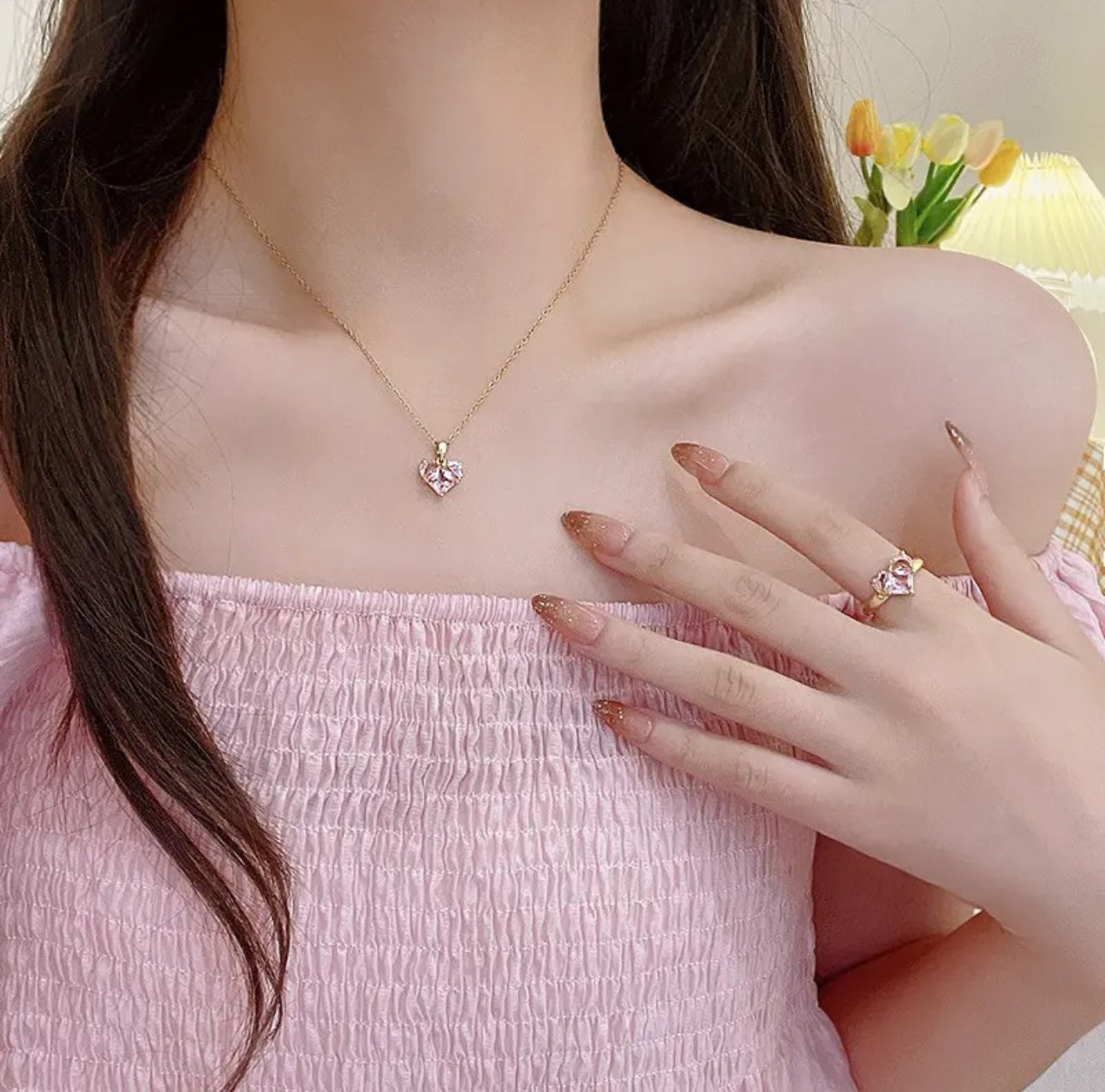 Pink crystal diamond cut heart set