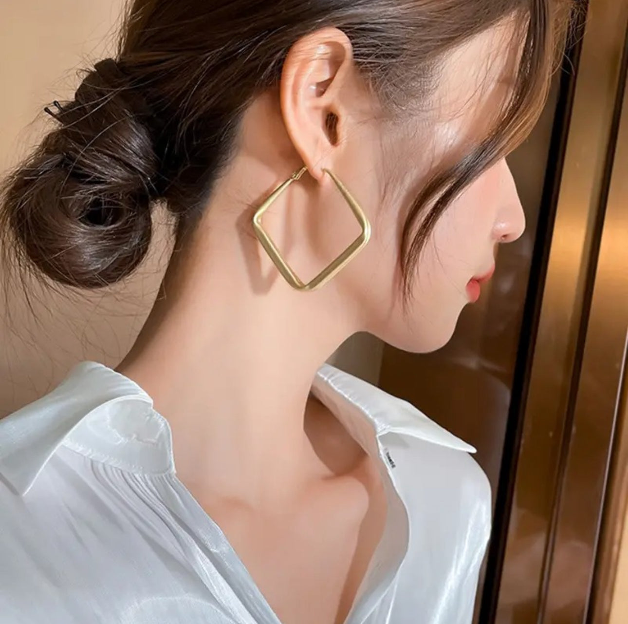 Big square light matte gold colour hoop earrings