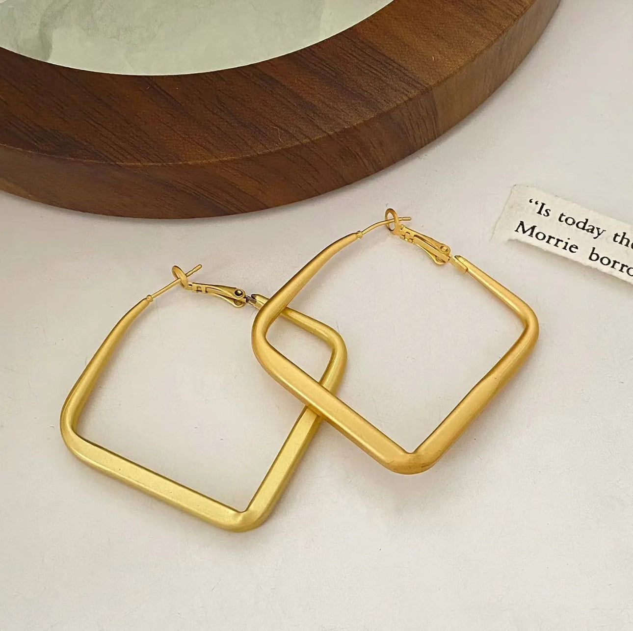 Big square light matte gold colour hoop earrings