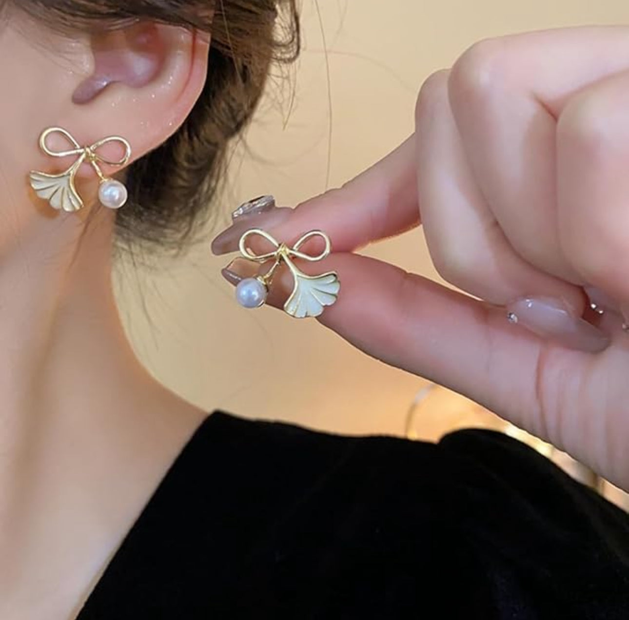 . White Enamel pearl bow ginkgo leaf stud earrings