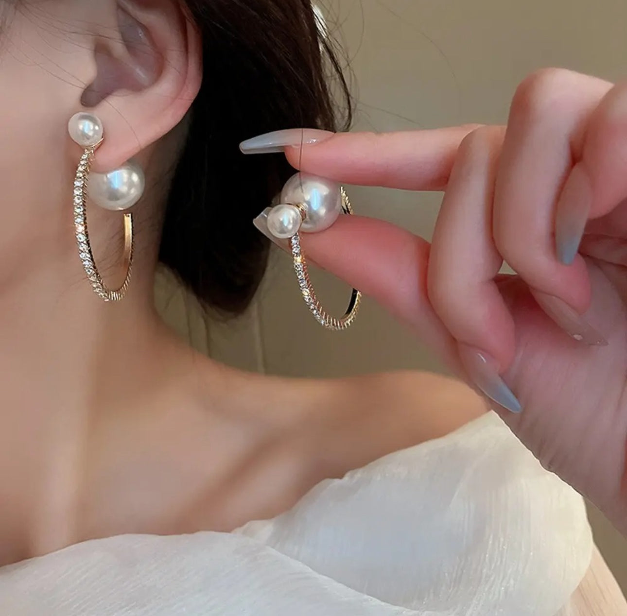 . Gold crystal hoop pearl earrings