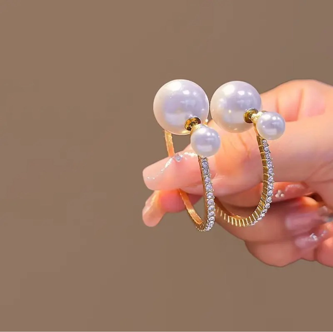 . Gold crystal hoop pearl earrings