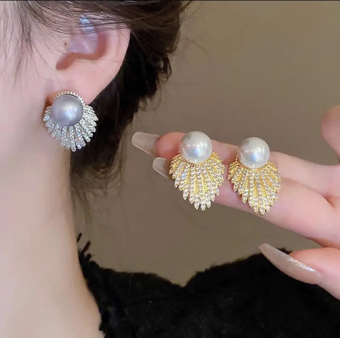 . Fan shaped diamond pearl stud earrings