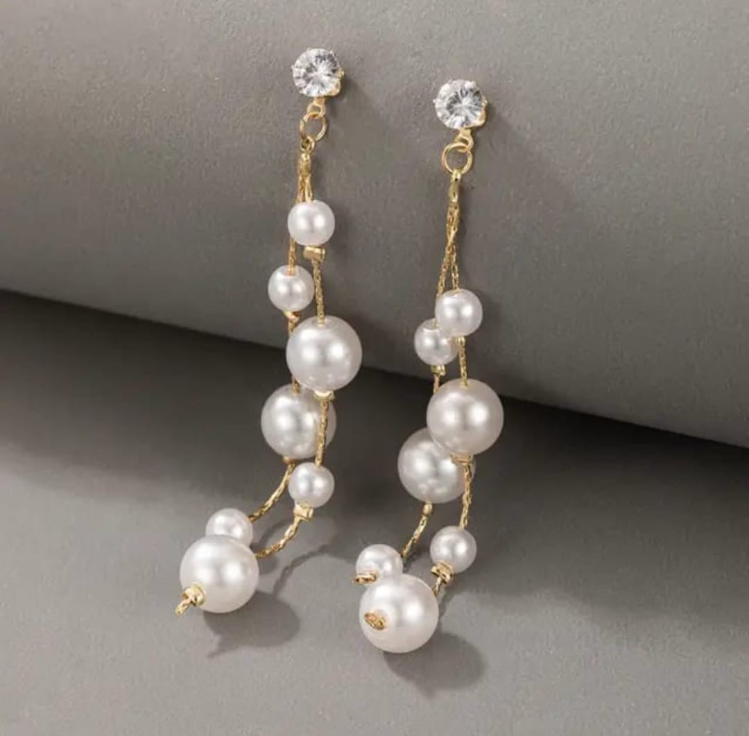 Light weight French pearl drop long earrings