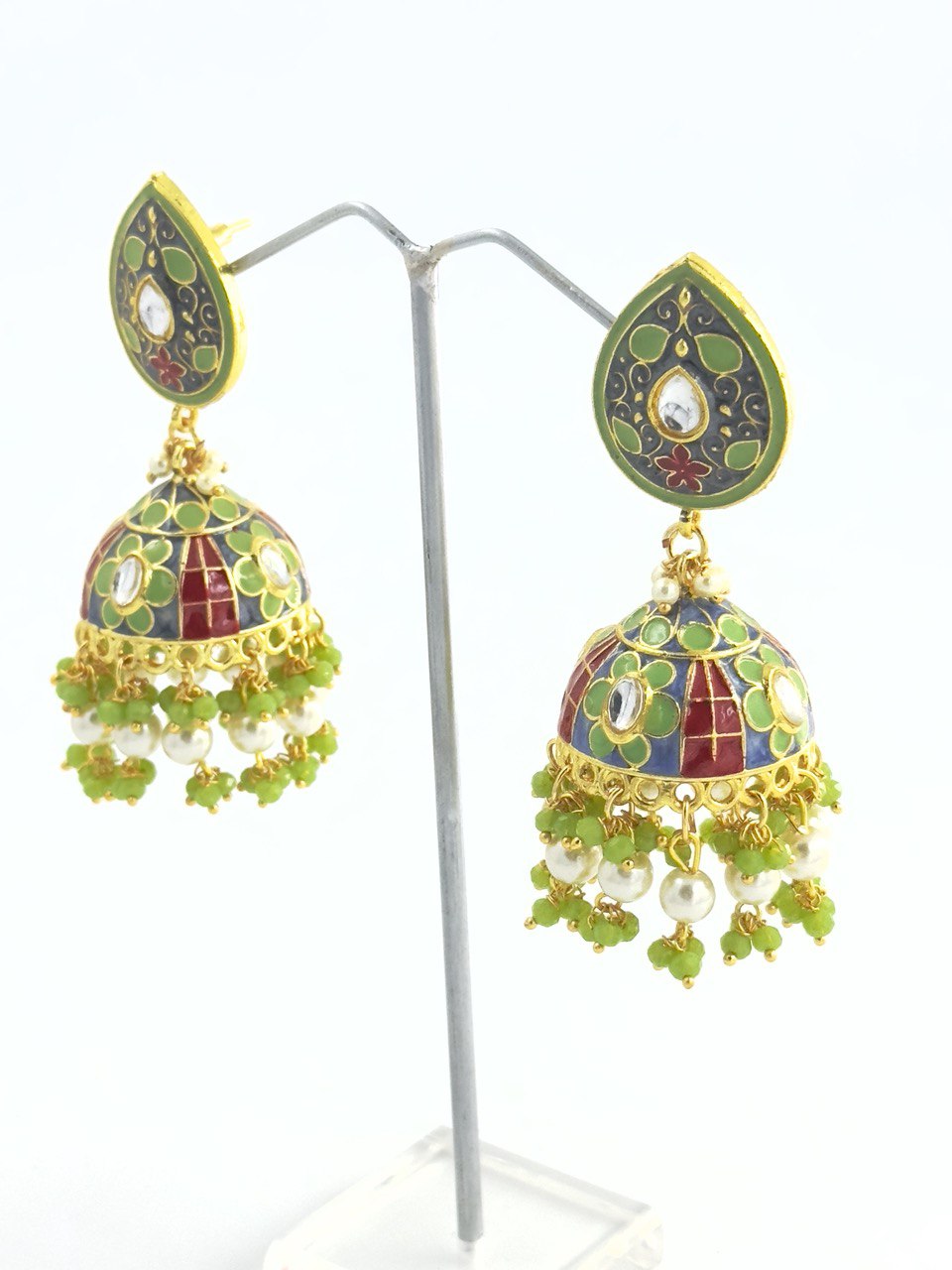 Green Meenakari Jhumkis
