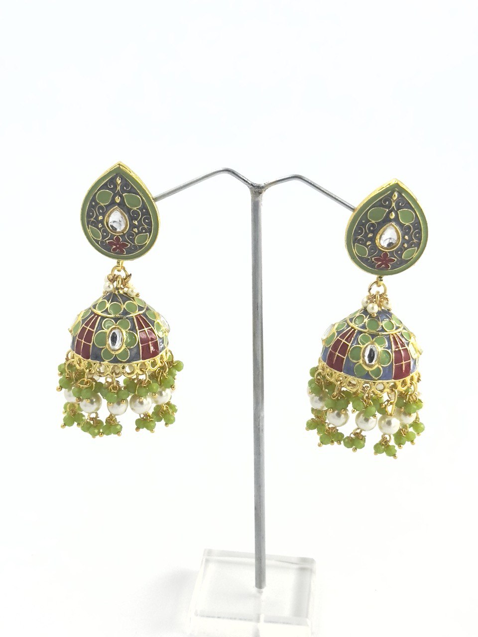 Green Meenakari Jhumkis