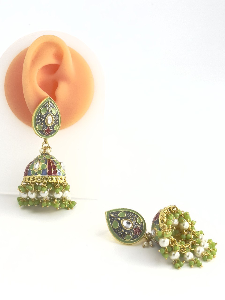Green Meenakari Jhumkis