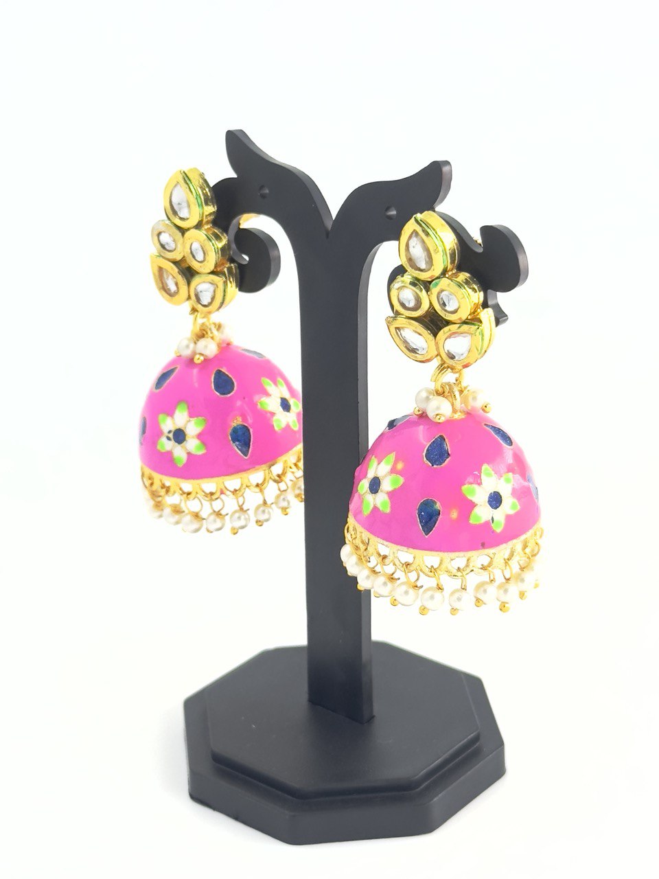 pink Meenakari Jhumkis