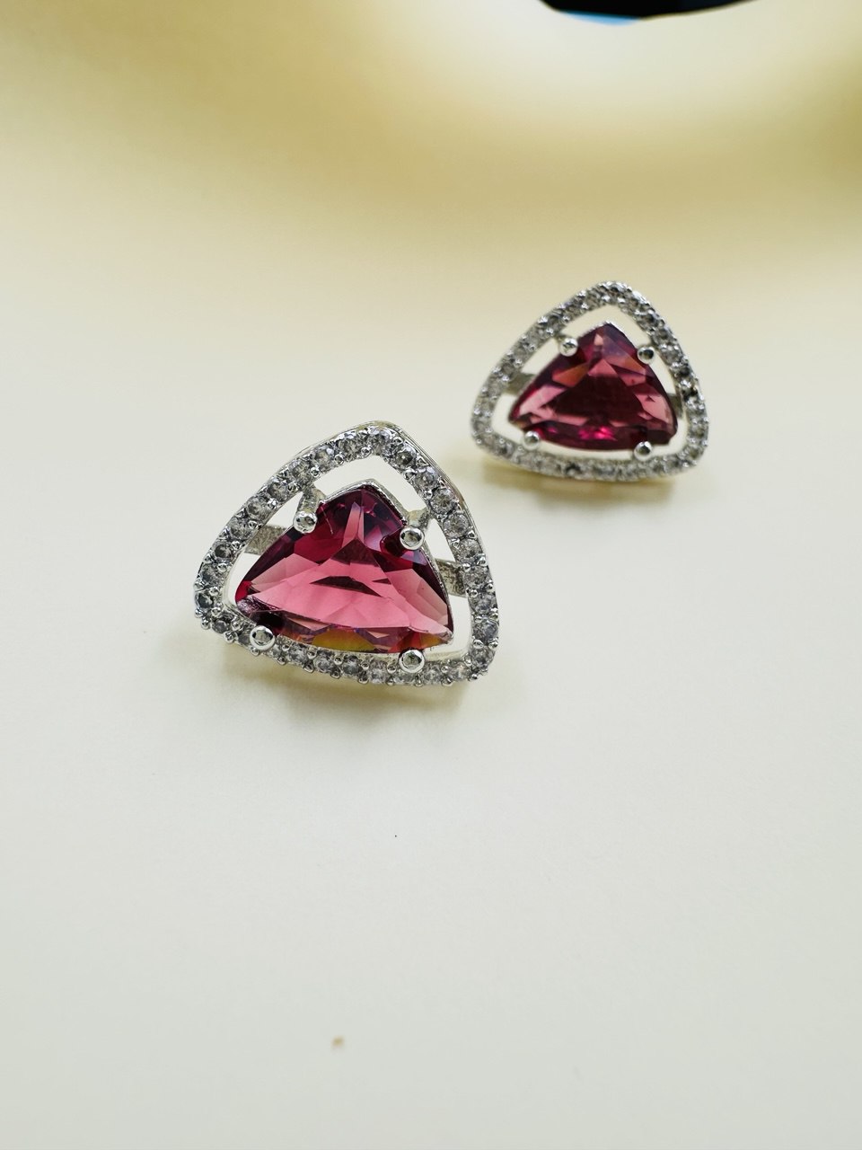 Geometric pink purple Triangular American Diamond studs