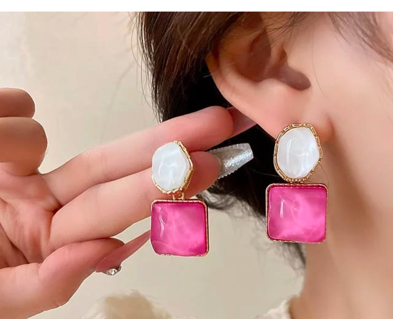 Pink  and white stone dangler  earrings