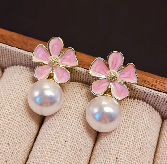 Pink enamel petal flower pearl stud earrings