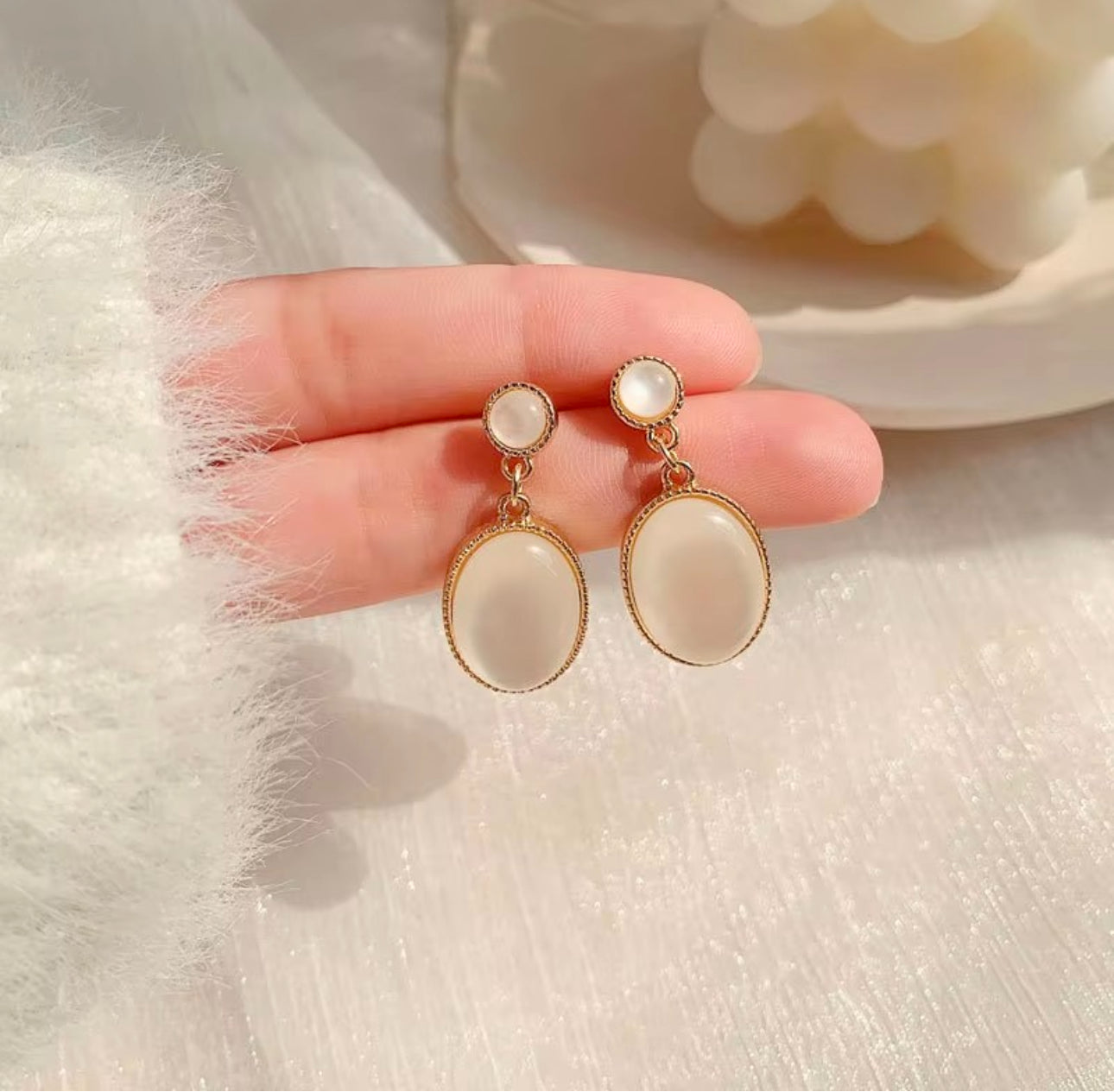 opal oval drop stone dangler earrings