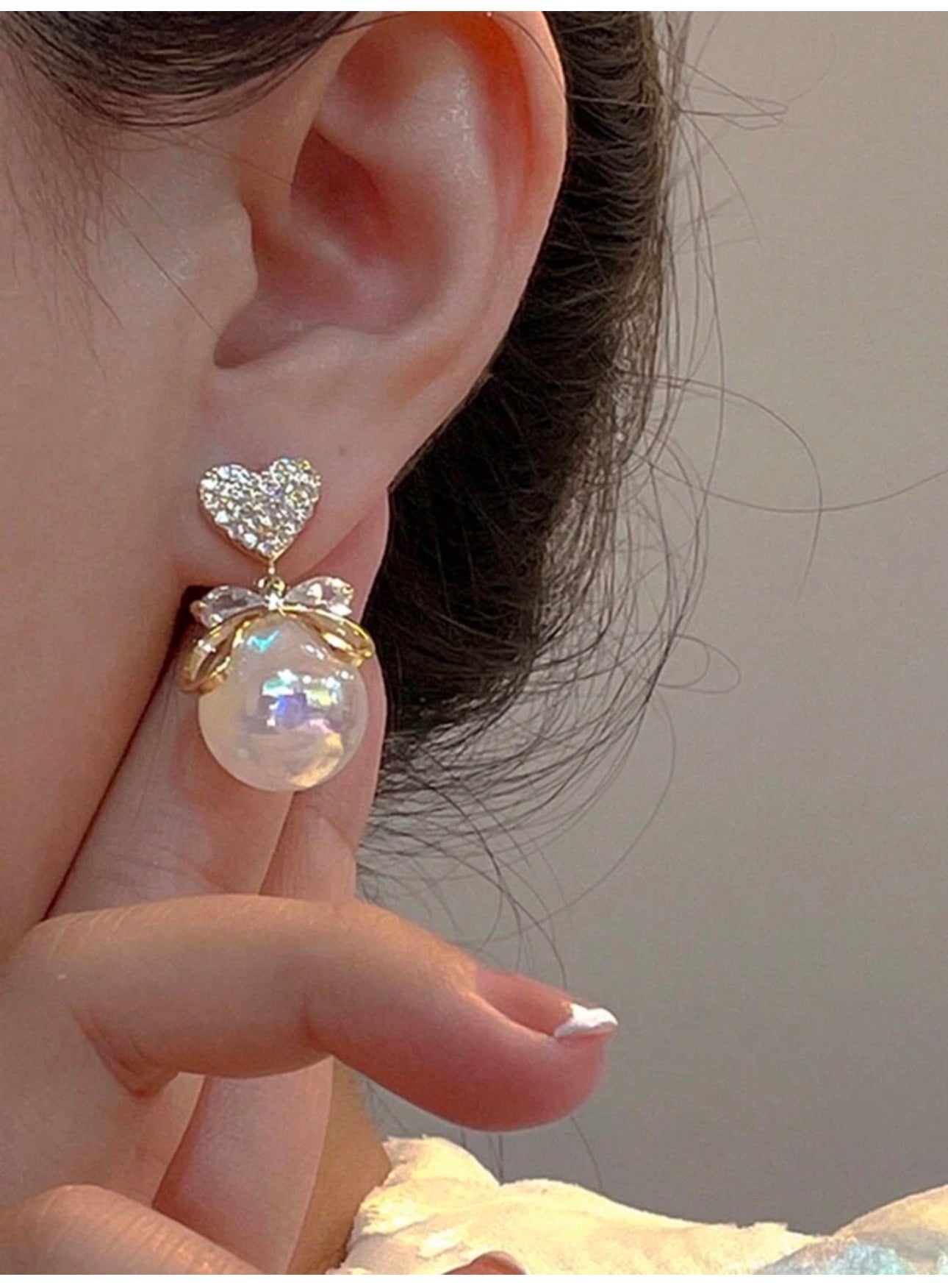 Trendy heart bow pearl drop dangler earrings